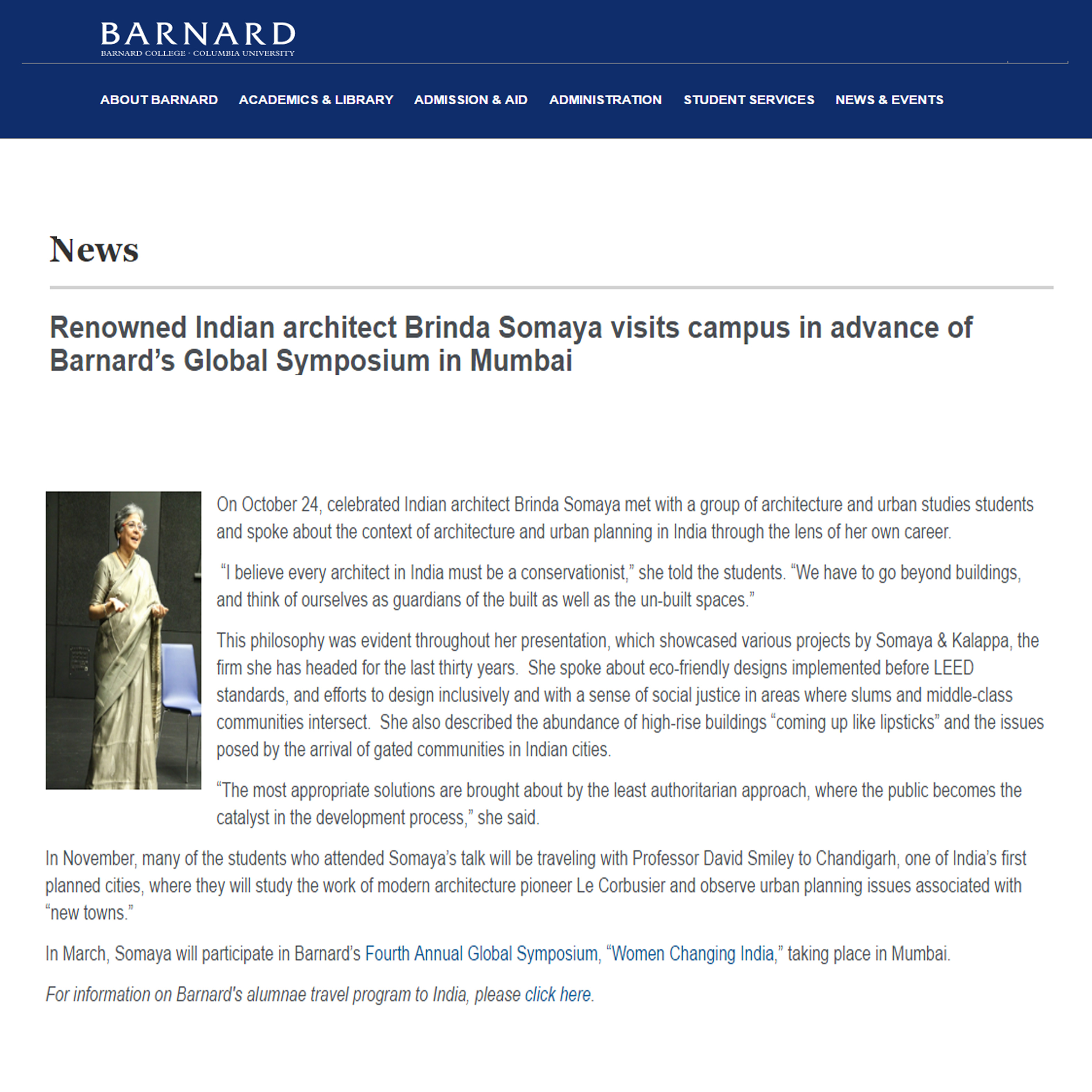 Renowned Indian architect Brinda Somaya visits campus in advance of Barnard’s Global Symposium in Mumbai, Barnard, 27th October 2011