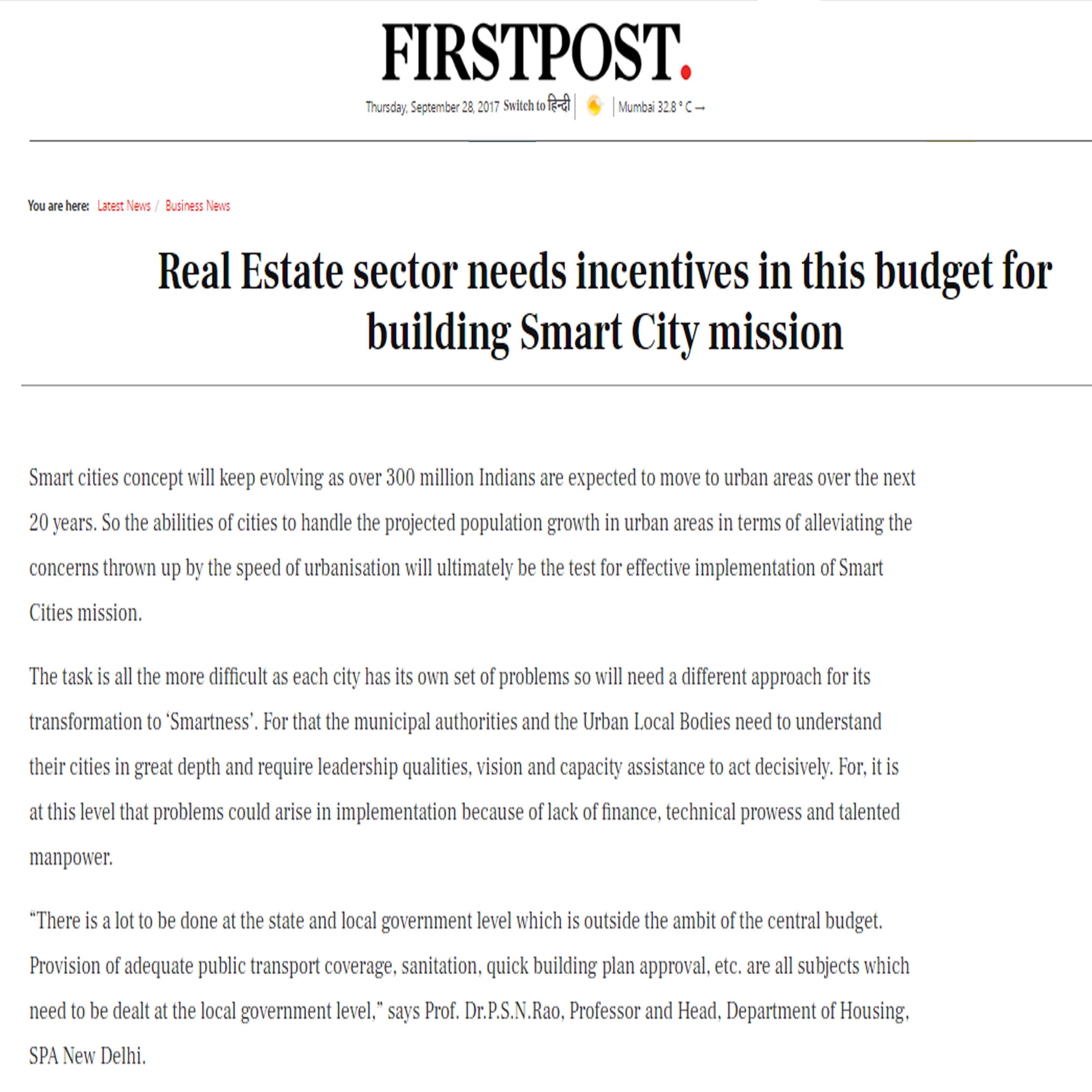 Real Estate sector needs incentives in this budget for building Smart City mission, FirstPost, 18th January 2017