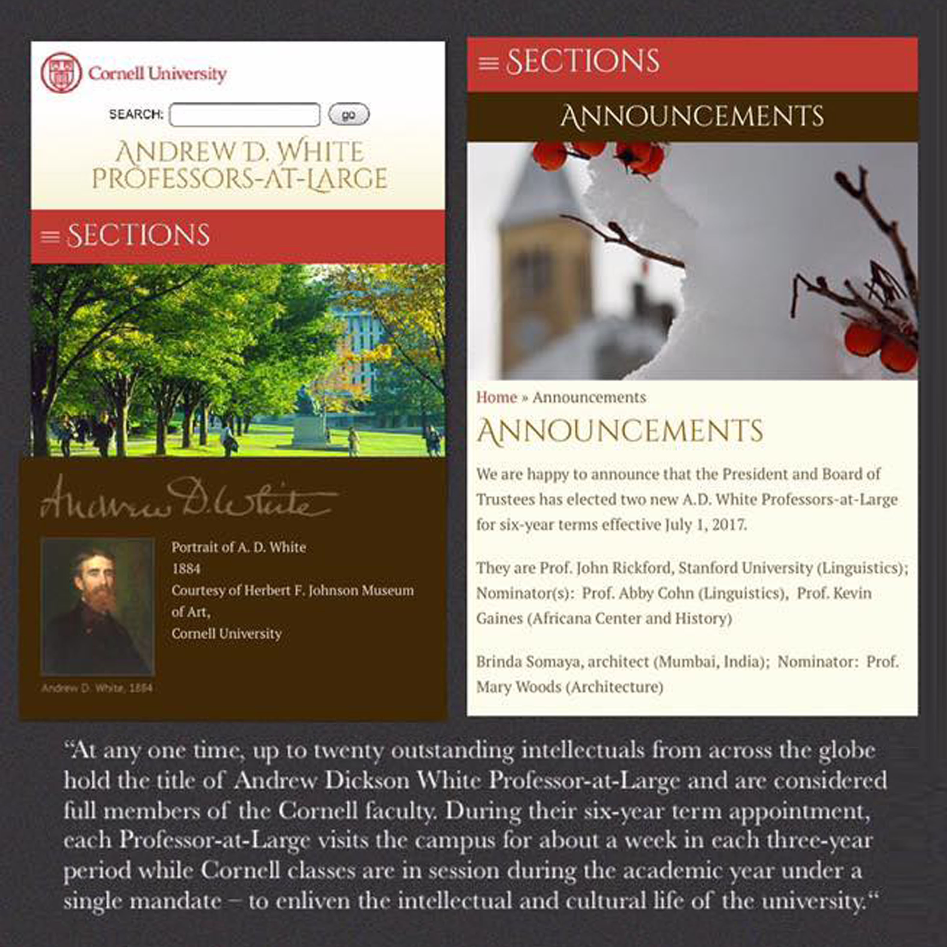 Principal Architect, Brinda Somaya has been elected by the President and Board of Trustees, Cornell University, NY as the A.D. White Professor-at-large.