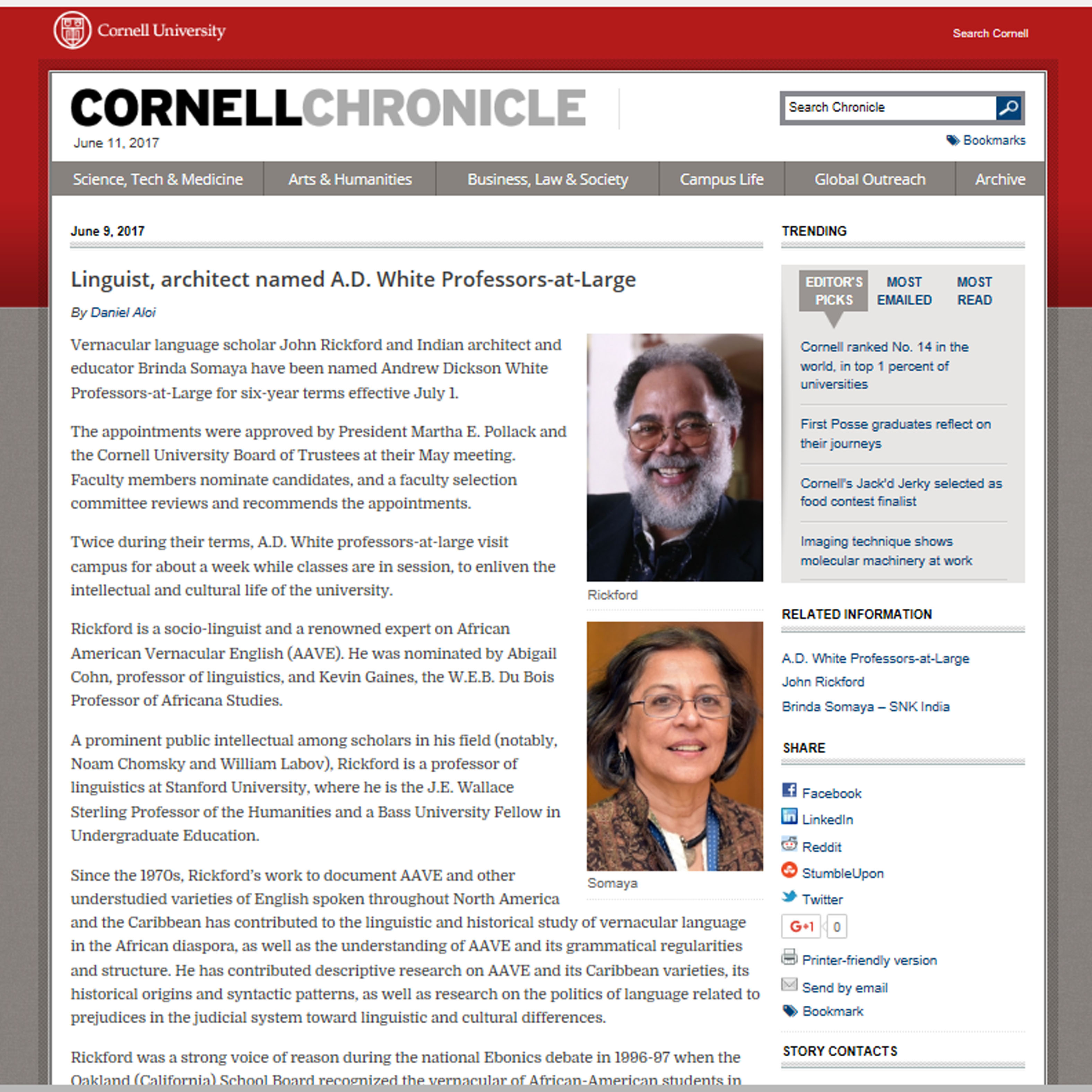 Linguist, architect named A.D. White Professors-at-Large by Daniel Alo; Cornell Corniche, Cornell University USA - 9th June 2017.