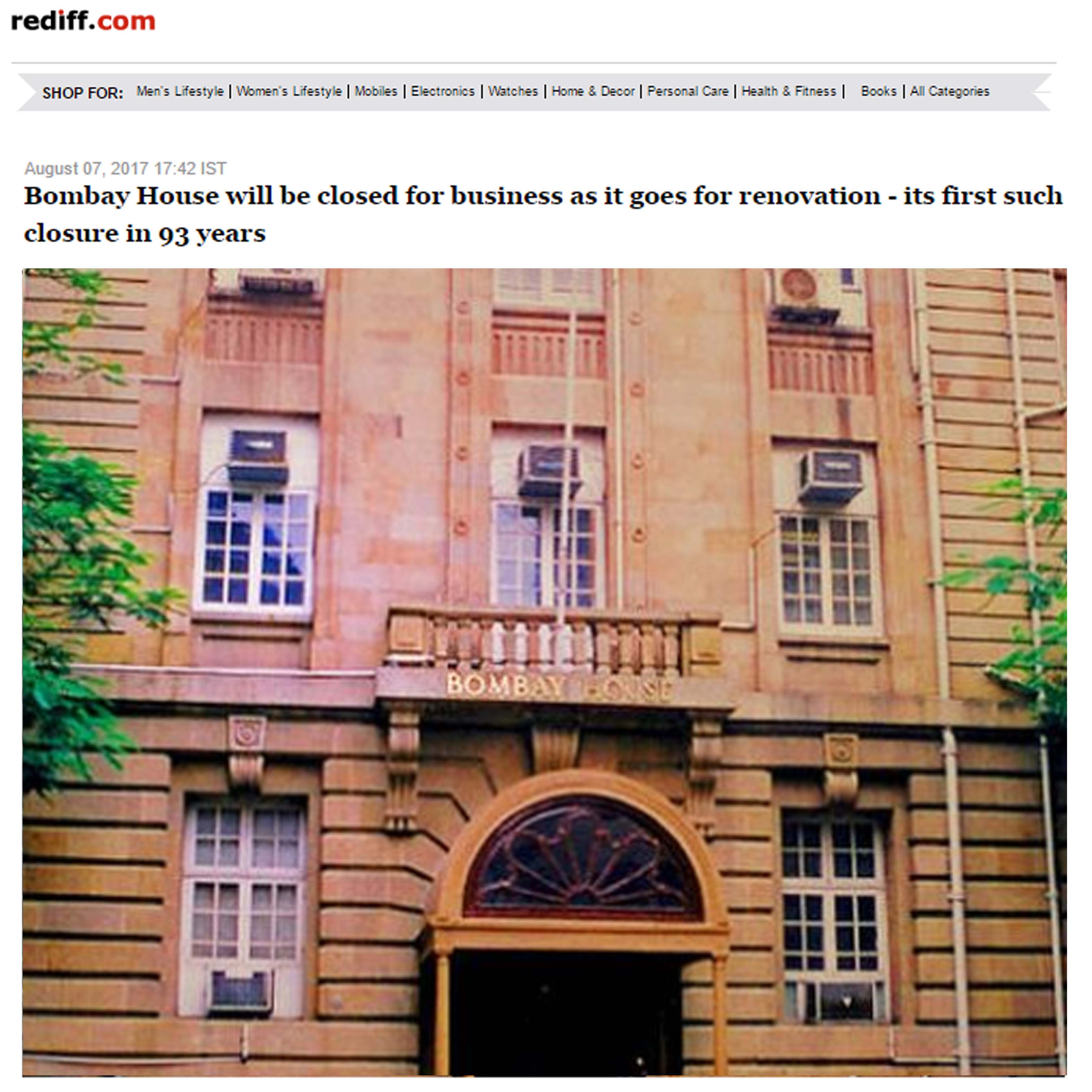 Bombay House to be shut for about a year, Rediff.com, 7th August 2017