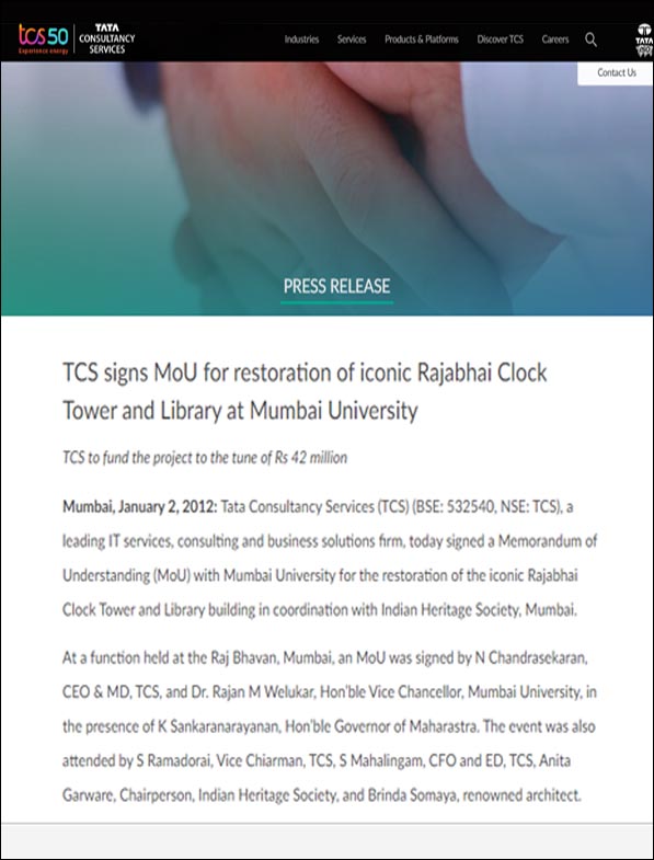 TCS signs MoU for restoration of iconic Rajabhai Clock Tower and Library at Mumbai University , TCS 50 Years - May 2012